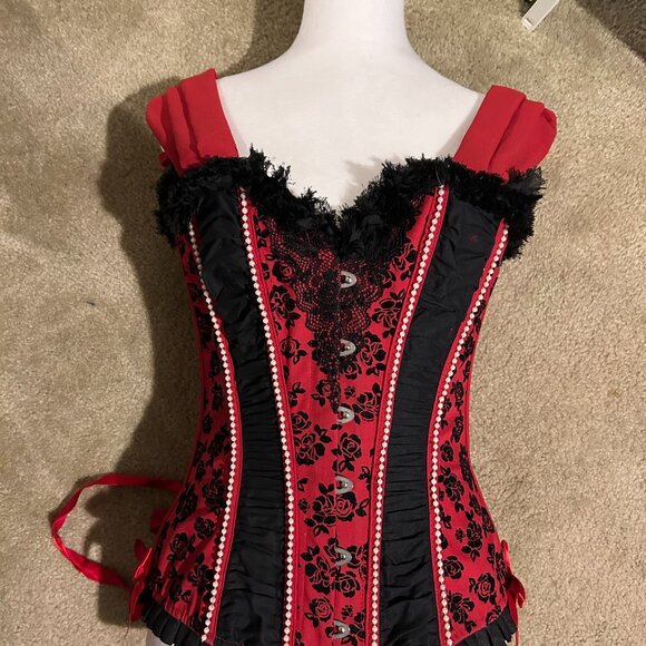 Hot Topic Red and Black Floral Corset Frills and Ribbon Bohemian/Goth - Picture 1 of 10